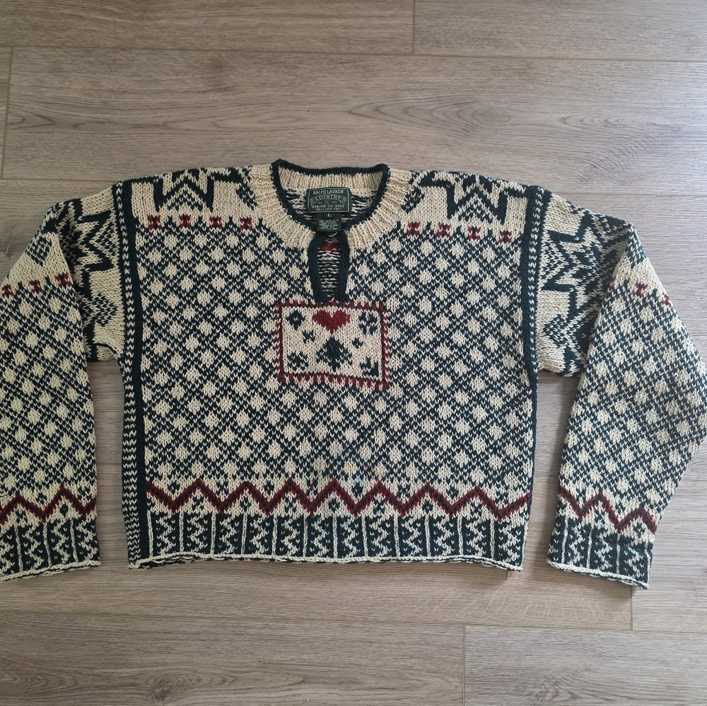 RARE VTG 90s Ralph Lauren Country Cropped Wool Nordic Sweater Large Green Cream